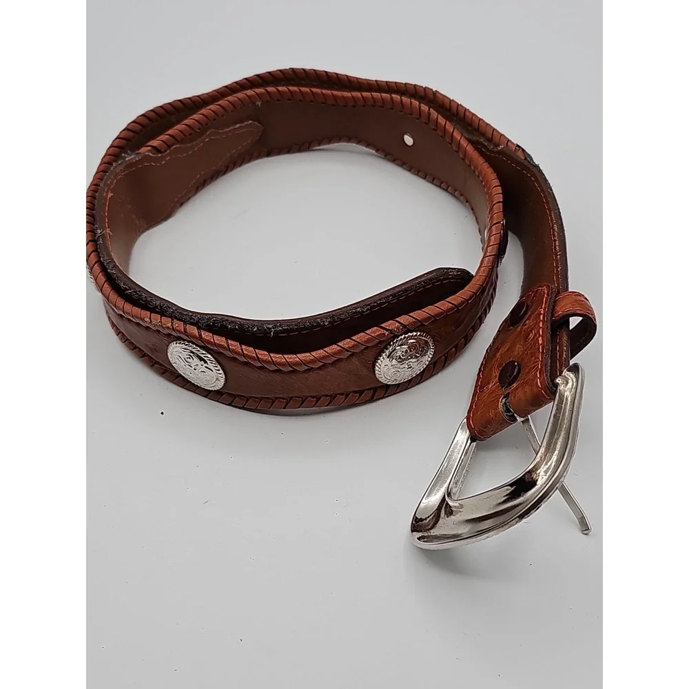 Vintage Western Brown Leather Belt Silver Conchos Ornate Buckle 38-42